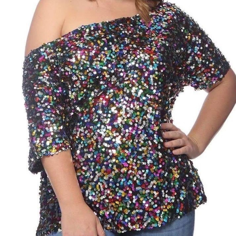 Anna-Kaci Womens One Shoulder Multicolor Sequined‎ Sparkle Part Top Size 2XL
